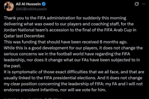 约旦足协主席：感谢FIFA支付了拖欠的款项，但不会支持因凡蒂诺